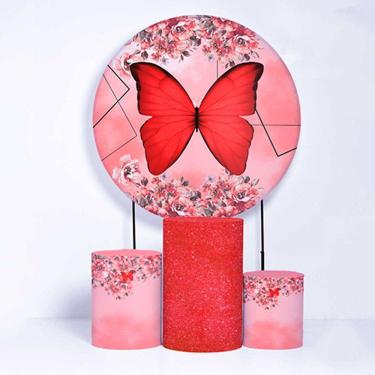Imagem de Kit Painel de Festa Redondo de 1,80m e Trio de Cilindros Borboletas - Fera Print