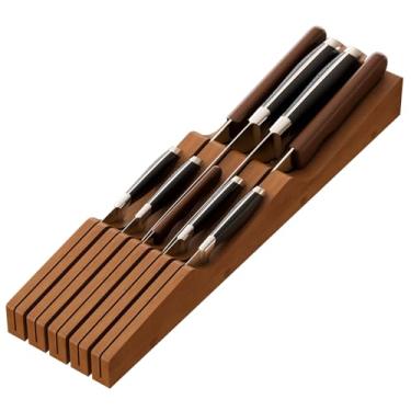 Imagem de Organizador de gaveta de facas, inserção de gaveta organizadora de facas de madeira de bambu, bloco de facas marrom adequado para 9 facas