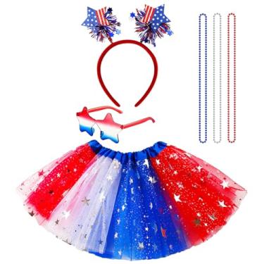 Imagem de BEBAOVO Conjunto de fantasia de tutu patriótico, saia de tule com faixa de cabeça, óculos de sol e colares, acessórios de festa de 4 de julho, lembrancinhas de festa vermelho, branco e azul para o Dia