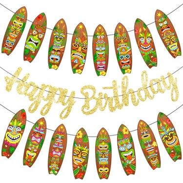 Imagem de Tiki Faixa de aniversário de prancha de surfe havaiana decorações de festa luau ouro glitter tiki decorações de prancha de surf para Havaí aniversário praia piscina suprimentos de festa