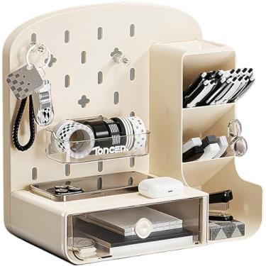 Imagem de Nafenai Organizador de mesa e kit de pegboard, organizador de maquiagem de plástico, suporte de caneta para armazenamento de mesa, organização de mesa para escola, casa, material de escritório (branco
