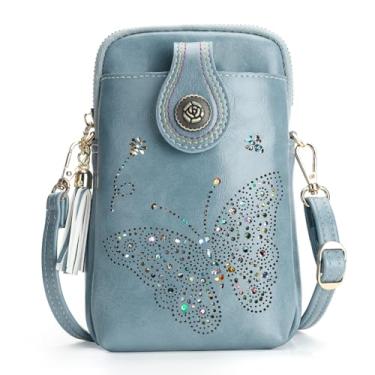 Imagem de KITEVIUN Bolsas pequenas transversais para mulheres, mini bolsa de celular leve e fofa para mulheres com borboleta brilhante com borla, 01 - Azul