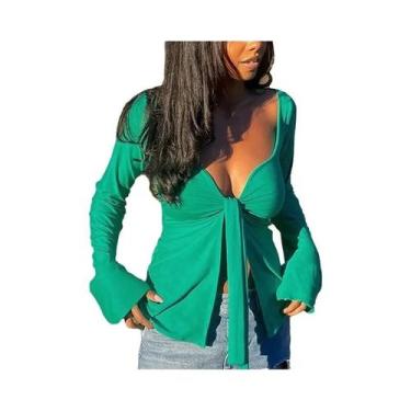 Imagem de Camiseta Feminina Manga Comprida, Decote V - Outono/Inverno - Streetwe