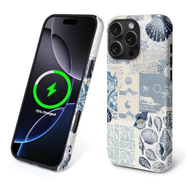 Imagem de Capas para iPhone 16 Pro, acampamento com Magsafe, capa rígida de 2 camadas + capa de silicone - proteção à prova de choque - colagem de concha de vida marinha azul à beira-mar verão