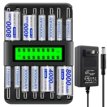 Imagem de Carregador de bateria universal AA AAA C D com 16 compartimentos com 4 pilhas AA AAA, pacote com 2 e bateria D, pacote com 2, adequado para todas as baterias domésticas Ni-MH de 1,2 V