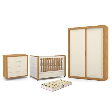 Imagem de Dormitório Tutto New 2 Portas, Cômoda 4 Gavetas e Berço com Capitonê e Colchão Supreme - Matic Móveis Off White/Freijó