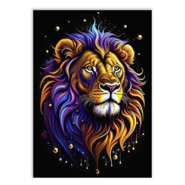 Imagem de Quadro Decorativo Leão Ilustração Juba Roxa Decoração Quarto Sala