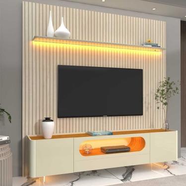 Imagem de Rack Com Painel Para Tv Até 85 Polegadas 1 Gaveta 2 Portas Led Pés Vidro 220cm Requinte Nobre Off White/naturale
