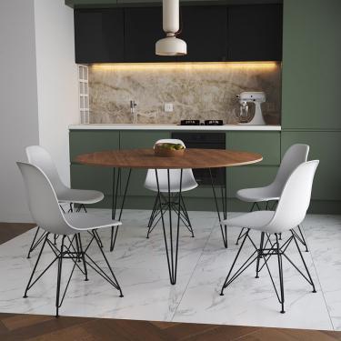 Imagem de Mesa Jantar Redonda 110Cm Amêndoa Clips 3 Pés Com 5 Cadeiras Eames Eiffel Brancas Ferro Preto