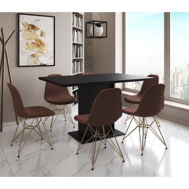 Imagem de Mesa Jantar Londres Retangular Preta 137X90Cm 6 Cadeiras Estofadas Caramelo Base Dourado