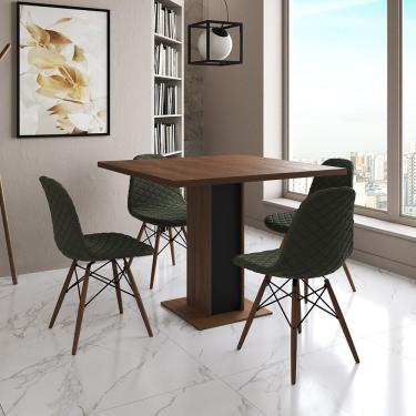 Imagem de Mesa Jantar Londres Quadrada Amêndoa 90Cm Base Preta 4 Cadeiras Eames Estofadas Verde Madeira