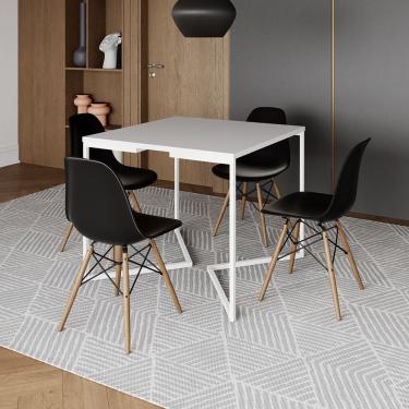Imagem de Mesa Jantar Industrial Branca 90X90Cm Base V Ferro Branco Com 4 Cadeiras Madeira Pretas Cor: Branco