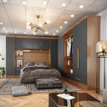 Imagem de Quarto Modulado Casal Completo 6 Peças 6 Portas 5 Gavetas Com Maleiro Smart Plus Cinamomo/chumbo