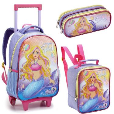 Imagem de Kit Mochila Rodinhas Lancheira Estojo Infantil Escolar Menina Sereia Splash Seanite