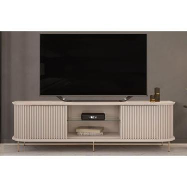 Imagem de Rack Bancada P/tv Até 75 Pol Atlas 100% Mdf C/ Ripado E Pés 218x62cm Off White - Dj Móveis