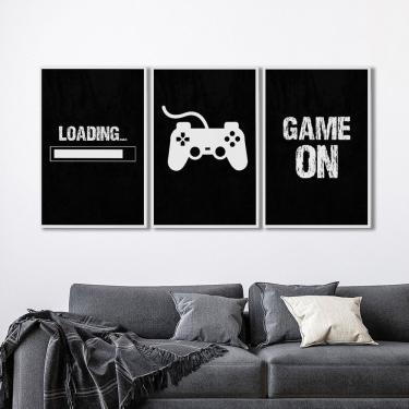 Imagem de Quadro Decorativo Game On Com 3 Telas De Parede Para Sala Quarto Escritório 60cm X 90cm Branco