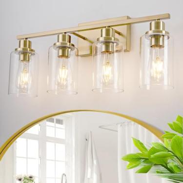 Imagem de HCCZ Luminária De Banheiro Dourada Com 4 Luzes, Latão Escovado, Sobre Espelho, Moderna Iluminação Parede Estilo Fazenda, Arandela Para Banheiro, Quarto, Sala Estar, Soquete E26 Cúpula Vidro