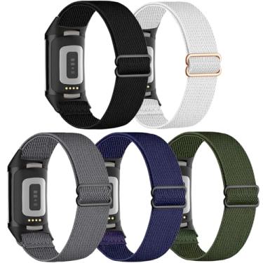 Imagem de CUNUJIX Pacote com 5 pulseiras elásticas para relógio compatíveis com Fitbit Charge 6/Fitbit Charge 5, pulseira de tecido elástico de nylon para Fitbit Charge 5/6 feminino e masculino