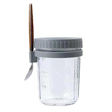 Imagem de TLIOCAS Pote De Vidro Com Tampa E Colher Para Aveia Noturna Boca Larga, 10 Oz À Prova Vazamento, Ideal Preparar Saladas Café Da Manhã Cereais Leite (Cinza)