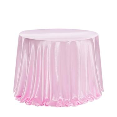 Imagem de SoarDream Toalha de mesa redonda rosa DIY toalha de mesa de cetim 224 cm com laço para decoração de festa de aniversário de casamento, cerimônia ao ar livre, decoração de festa de aniversário
