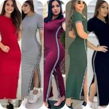 Imagem de Vestido feminino longo manga curta gola rasa listras na lateral malha 