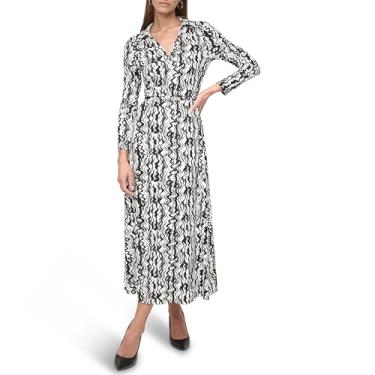 Imagem de DKNY Vestido longo feminino de manga comprida com gola e fivela franzida e cinto, Marfim/preto, 44