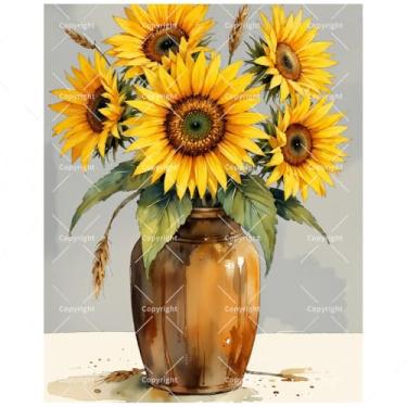 Imagem de Kit de pintura floral natureza morta por números para adultos - Girassóis DIY em vaso de cerâmica marrom pintura em tela 40,6 x 50,8 cm, conjunto de tinta acrílica, adequado para iniciantes, arte para