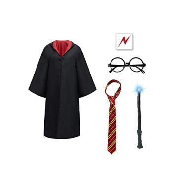 Imagem de Wizard Costume Set 7PCS,1 Wizard Robe,1 Light Up Magic Wand, 1 Glasses Frame, 1 Striped Tie, 2 Necklaces, 1 Lightning Bolt Scar Tattoo for Halloween Masquerade Party Adults Kids Harry Costume Cosplay Accessories (125)