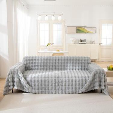 Imagem de AMWAN Capa de sofá ultramacia de pele de coelho sintética para sofá, cama longa, felpuda, grossa, quente e fofa, para cães, gatos, crianças, cobertor decorativo, cinza, fofo, peludo, bolha, cinza