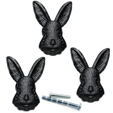 Imagem de 3 peças puxadores pretos puxadores de coelho vintage puxadores de armário para crianças, puxadores de coelho de animal fofo adorável puxador de gaveta retrô móveis decoração faça você mesmo para armário de porta (coelho preto)