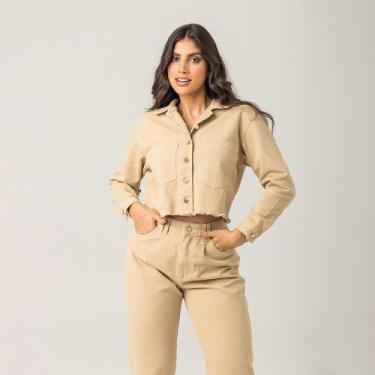 Imagem de Jaqueta Sarja Cropped Feminina Moderna Zune, P, Bege, Feminino