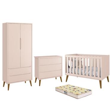 Imagem de Dormitório Infantil Theo Retrô 2 Portas, Cômoda, Berço com Pés Amadeirado e Colchão D18 - Reller Móveis Rosa Fosco