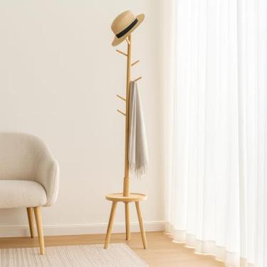 Imagem de Mancebo Cabideiro de Bambu de Chão 184cm com 8 Ganchos e Prateleira para Armazenamento, Roupas/Bolsa (Natural)