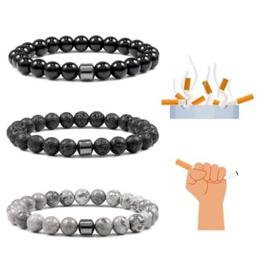 Imagem de LANWLOSI 3 pulseiras antifumo para homens para parar de fumar, pulseira feminina de pedra natural elástica para parar de fumar - permite manter pulmões saudáveis joias acessórios presentes, Large