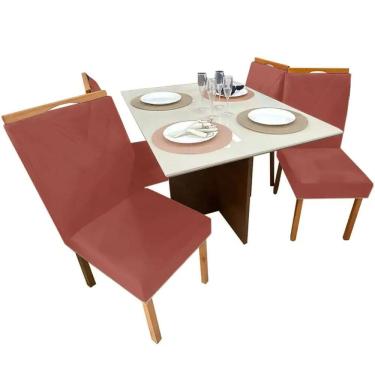 Imagem de Mesa de Jantar Helo 90x90cm em Veludo com 4 Cadeiras California Poliman Cor Off White com Assento Cobre