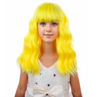 Imagem de PATTNIUM Peruca Amarela Infantil Curta Ondulada Cacheada Com Franja Para Meninas Sintéticas Cosplay Festa De Halloween Fantasia