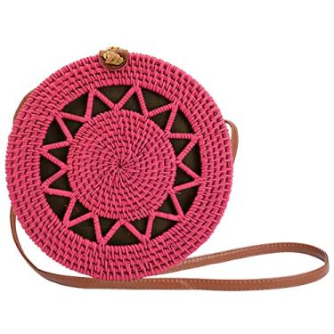 Imagem de SHAREYOIU Candy Colors Bolsas de ombro redondas de vime feitas à mão, estilo praia tropical natural chique com alça de couro, N° 3, estrela rosa, Big，7.87x 3.2 inch