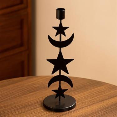 Imagem de Castiçal de ferro afunilado preto fosco alto estrela lua castiçal suporte decorativo suporte de vela para casamento, mesa de jantar, decoração de casa de festa (B)