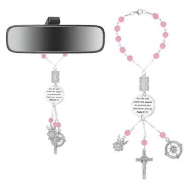 Imagem de lasuroa Terço para Espelho Retrovisor de Carro, Pendente de Cruz com Versículo Bíblico Cristão Pendente Criativo com Salmo 91:11 Cruz Religiosa Pendurar para Mulheres e Homens