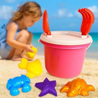 Imagem de Baldinho de Praia Rosa Infantil Completo Brinquedo Com Moldes Forminha