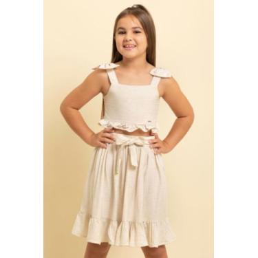 Imagem de Conjunto Luxo Linho Top + Saia Menina Verão Lessa Kids K157, Cru, 10 A