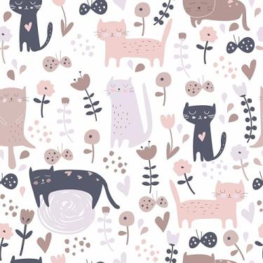 Imagem de EPPKILY Papel de parede de gato rosa/roxo descasque e cole fofo papel de parede floral para quarto de crianças berçário 44,5 x 259,1 cm papel de contato removível autoadesivo de gatinho engraçado para
