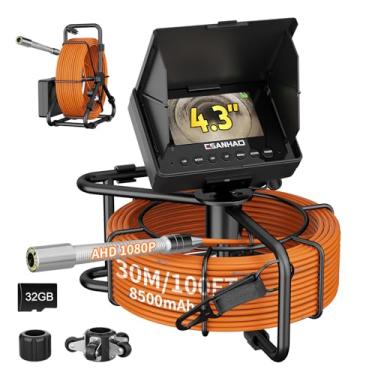 Imagem de ESANHAO Câmera de esgoto 100 pés/30 m de inspeção de tubo endoscópio câmera endoscópio com luz 12 LEDs tela IPS de 4,3 polegadas cartão de 32 GB encanamento cobra 23 mm com bateria 8500 Mah (30 m com