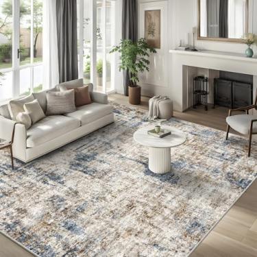 Imagem de Tapete quadrado para sala de estar de 3,7 x 3,6 m – Tapete antiderrapante lavável extra grande para quarto, sala de jantar, sala de jogos – Tapete moderno abstrato neutro fino de pilha baixa grande