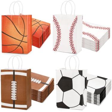 Imagem de Elsjoy Pacote com 48, 4 estilos de sacolas esportivas para lembrancinhas de futebol, beisebol, basquete, futebol, sacolas de presente de papel com tema esportivo, com alça, pequena bolsa de guloseimas
