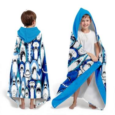 Imagem de Neapth Toalha de praia com capuz de tubarão para meninos, 76 cm x 127 cm, toalha de banho infantil poncho para crianças, azul celeste macio absorvente com capuz para 3-10 anos roupão para banho de