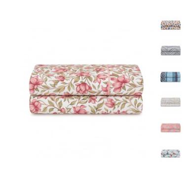 Imagem de Lençol 100% Algodão S/Elástico Avulso Estampado com Viés Malha Penteada Fio 30/1 (Est. Rose, Solteiro)