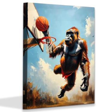 Imagem de Arte de parede em tela de grafite de basquete, esportes, estrela, basquete, estampas, imagem colorida Gorilas Dunk Painting Wall Art Funny Animals Sport Canvas Decoração de parede para quarto de