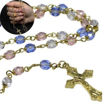Imagem de Terço De Cristal Tcheco 1ª Comunhão Azul, Rosa, Transparente Folheado 