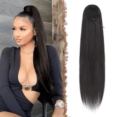Imagem de Extensão de rabo de cavalo 100% cabelo humano extensão de rabo de cavalo liso com cordão preto natural para mulheres 1B cor brasileiro virgem cabelo humano cordão (cabelo liso, 45,7 cm)